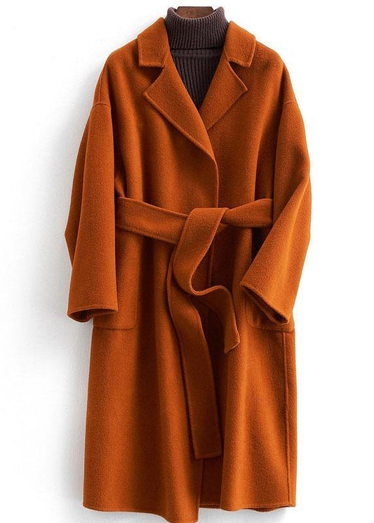 Brown Woolen Coats Loose Fitting Medium Length Jackets Tie Waist Coat