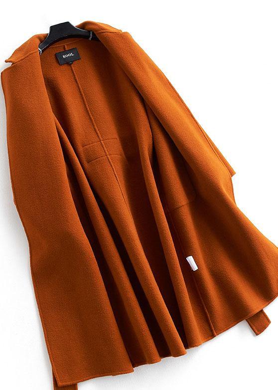 Brown Woolen Coats Loose Fitting Medium Length Jackets Tie Waist Coat