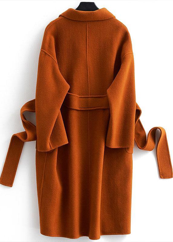 Brown Woolen Coats Loose Fitting Medium Length Jackets Tie Waist Coat