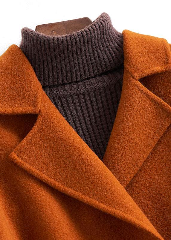 Brown Woolen Coats Loose Fitting Medium Length Jackets Tie Waist Coat