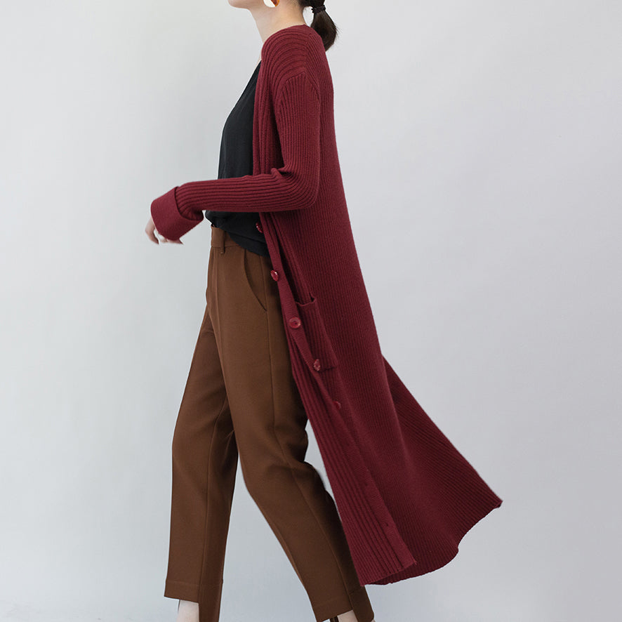 Burgundy Maxi Coat Loose Fitting V Neck Long Coat Fine Pockets Coats