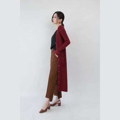 Burgundy Maxi Coat Loose Fitting V Neck Long Coat Fine Pockets Coats
