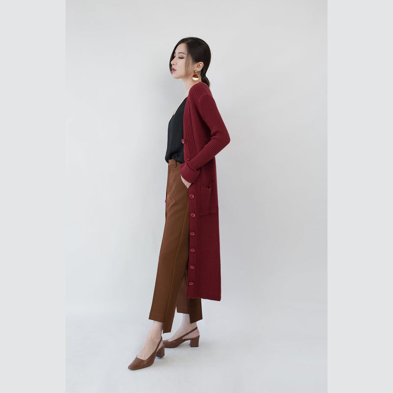 Burgundy Maxi Coat Loose Fitting V Neck Long Coat Fine Pockets Coats