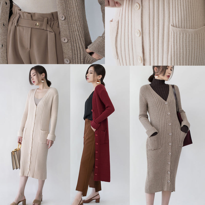 Burgundy Maxi Coat Loose Fitting V Neck Long Coat Fine Pockets Coats