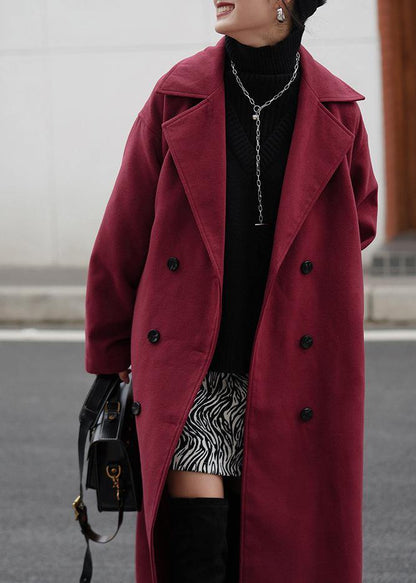 Burgundy Wool Coat Loose Fitting Notched Double Breast Coats Outwear