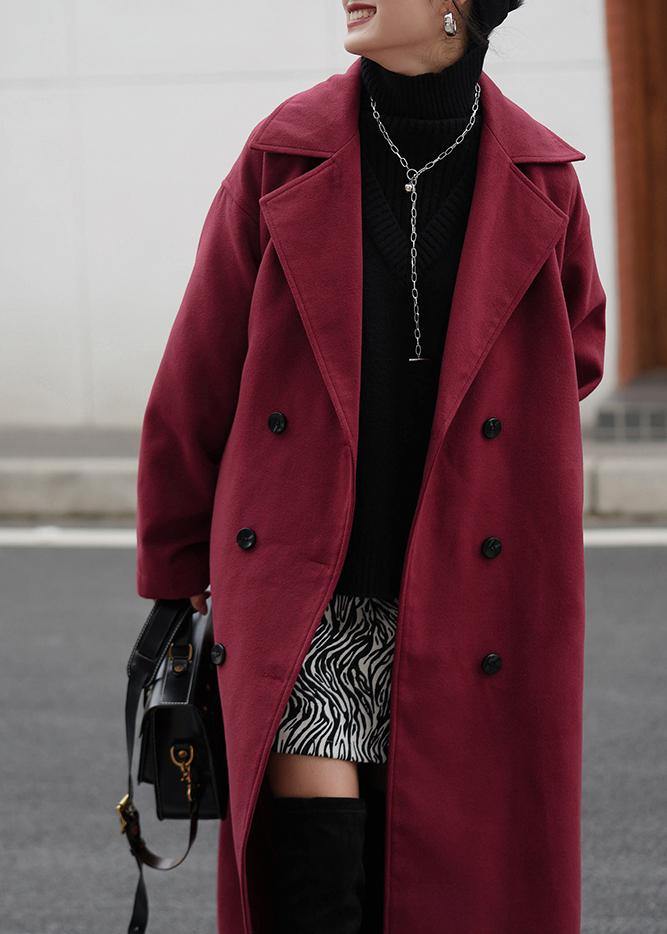 Burgundy Wool Coat Loose Fitting Notched Double Breast Coats Outwear