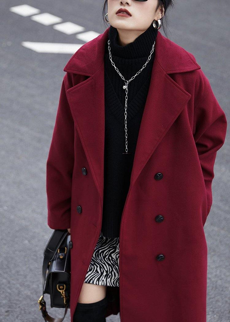 Burgundy Wool Coat Loose Fitting Notched Double Breast Coats Outwear