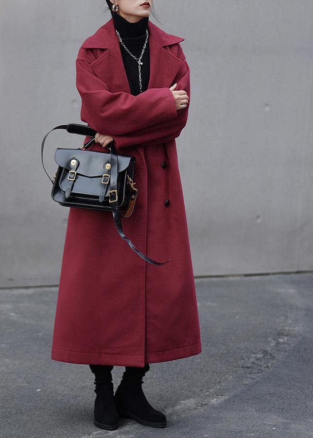 Burgundy Wool Coat Loose Fitting Notched Double Breast Coats Outwear