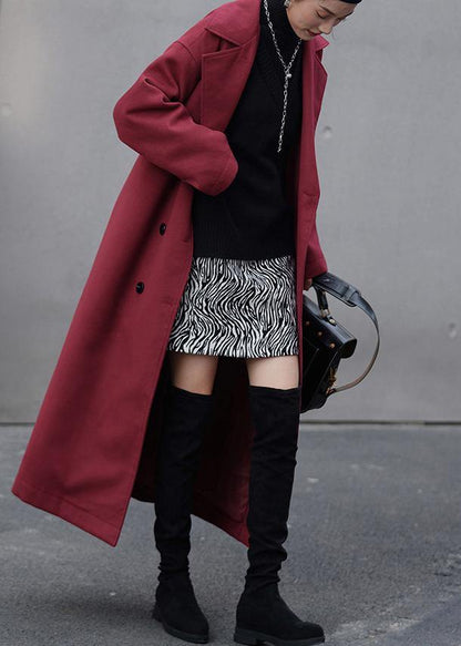 Burgundy Wool Coat Loose Fitting Notched Double Breast Coats Outwear