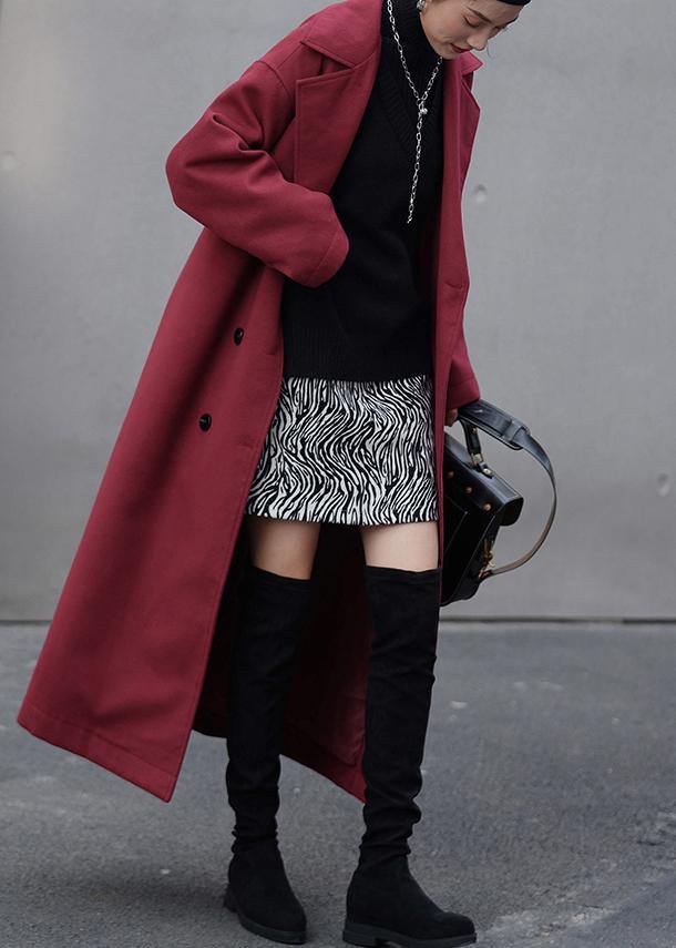 Burgundy Wool Coat Loose Fitting Notched Double Breast Coats Outwear