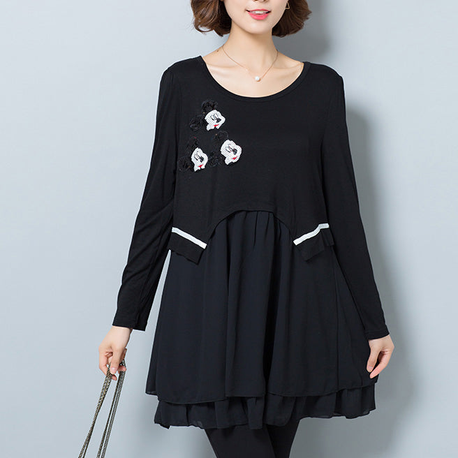 Black False Two Pieces Cotton Blended Dresses Ruffles Dresses