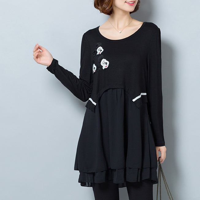 Black False Two Pieces Cotton Blended Dresses Ruffles Dresses