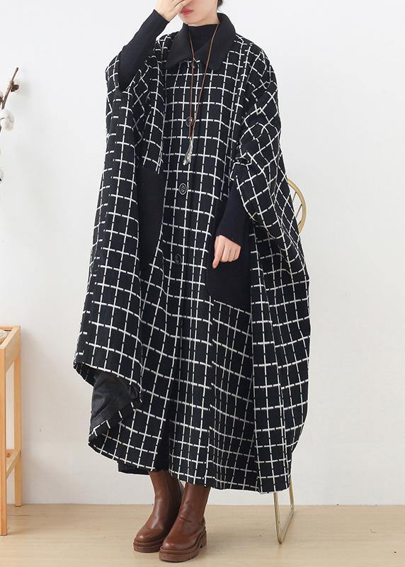 Maxi Coat Outwear Black White Plaid Lapel Pockets Woolen Coats