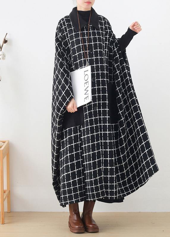 Maxi Coat Outwear Black White Plaid Lapel Pockets Woolen Coats