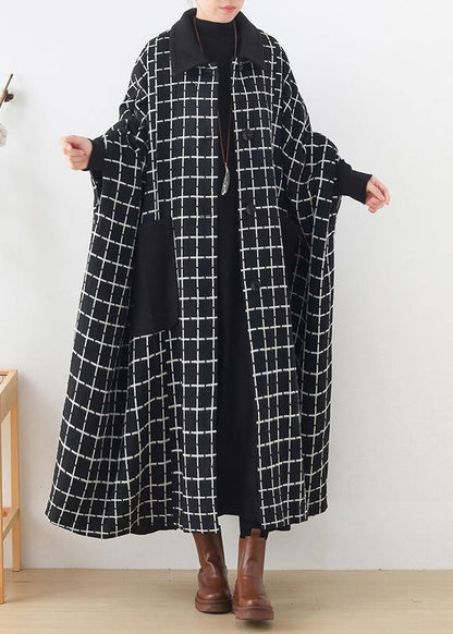 Maxi Coat Outwear Black White Plaid Lapel Pockets Woolen Coats