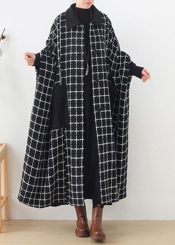 Maxi Coat Outwear Black White Plaid Lapel Pockets Woolen Coats