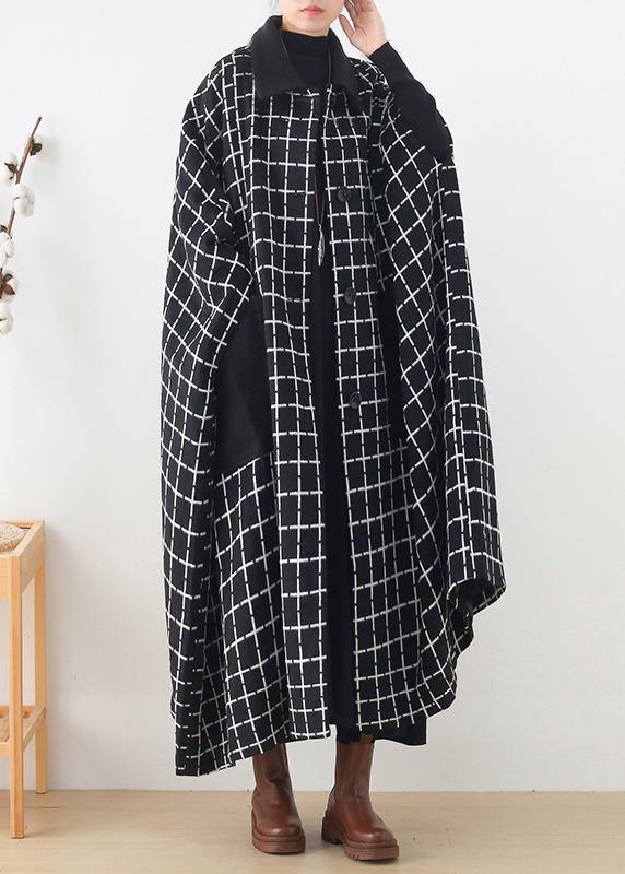 Maxi Coat Outwear Black White Plaid Lapel Pockets Woolen Coats