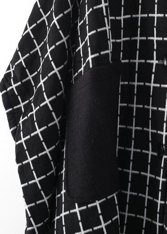 Maxi Coat Outwear Black White Plaid Lapel Pockets Woolen Coats