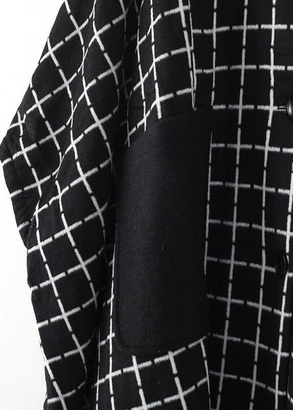 Maxi Coat Outwear Black White Plaid Lapel Pockets Woolen Coats