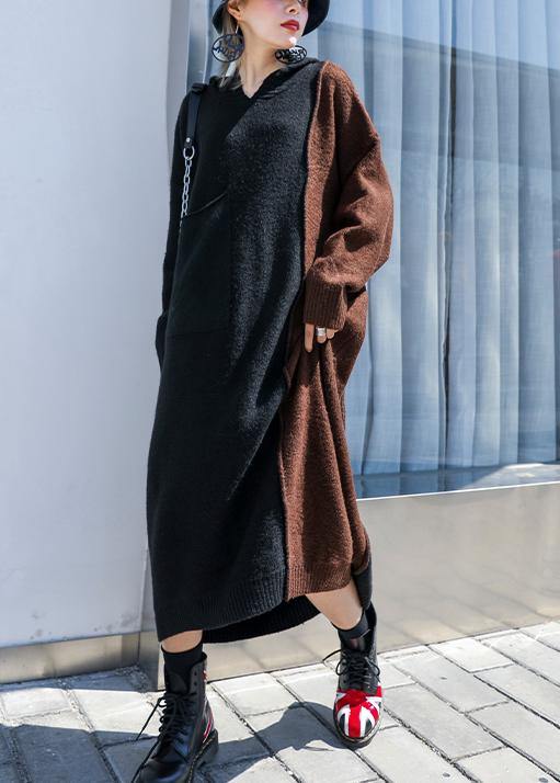 Chocolate Sweater Dress Outfit Hooded Patchwork Art Knit Dresses