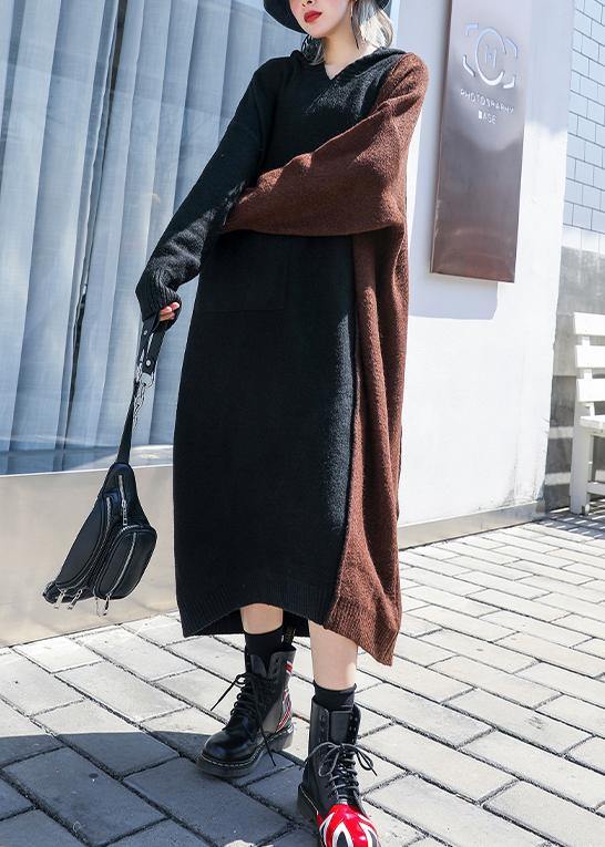 Chocolate Sweater Dress Outfit Hooded Patchwork Art Knit Dresses