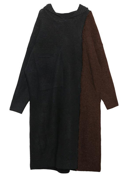 Chocolate Sweater Dress Outfit Hooded Patchwork Art Knit Dresses