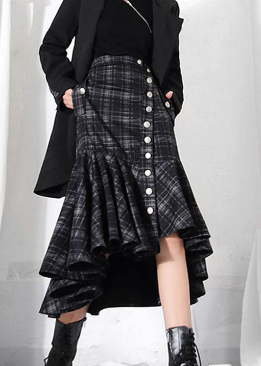 Dark Grey Button Ruffles Plaid Skirt Spring