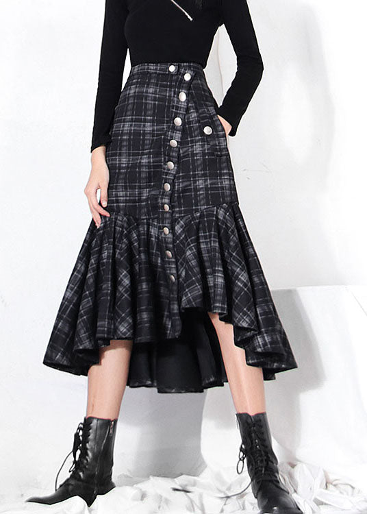 Dark Grey Button Ruffles Plaid Skirt Spring
