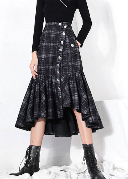 Dark Grey Button Ruffles Plaid Skirt Spring