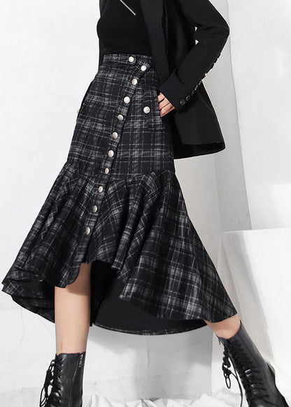 Dark Grey Button Ruffles Plaid Skirt Spring