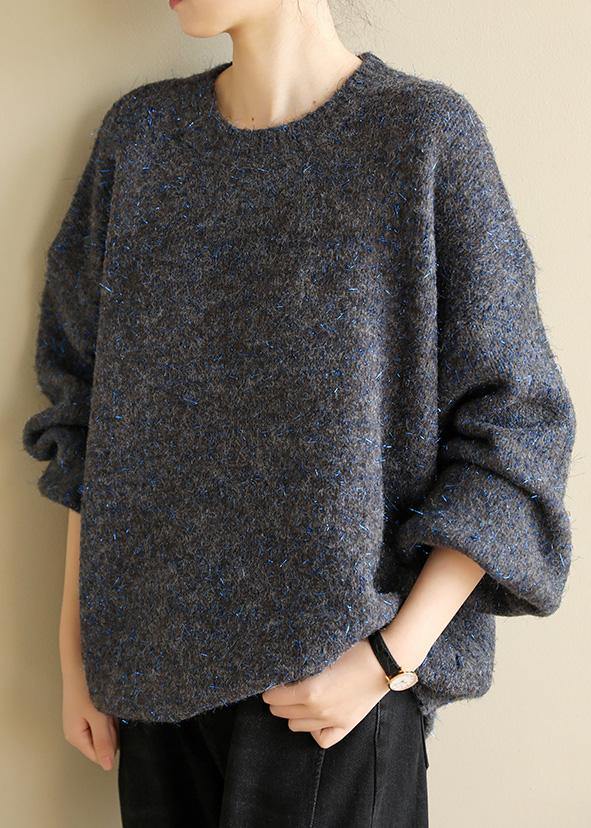 Dark Black Gray Knit Tops Long Sleeve O Neck Knitwear