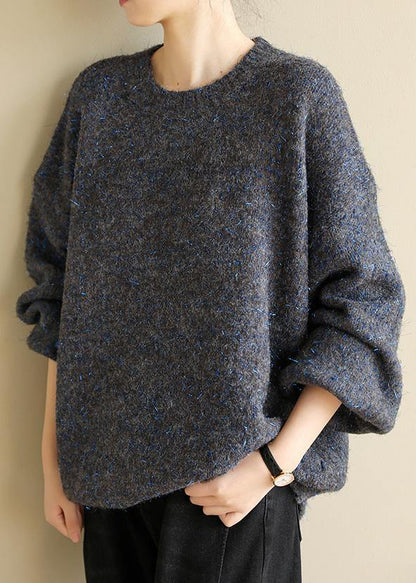 Dark Black Gray Knit Tops Long Sleeve O Neck Knitwear