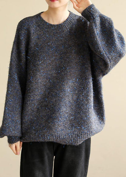 Dark Black Gray Knit Tops Long Sleeve O Neck Knitwear