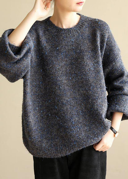 Dark Black Gray Knit Tops Long Sleeve O Neck Knitwear