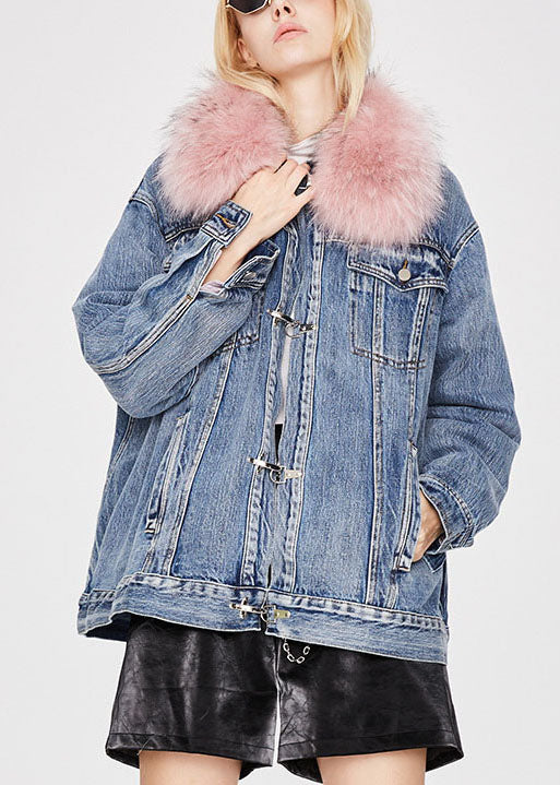 Denim Blue Pink Fur Collar Winter Duck Down Jacket