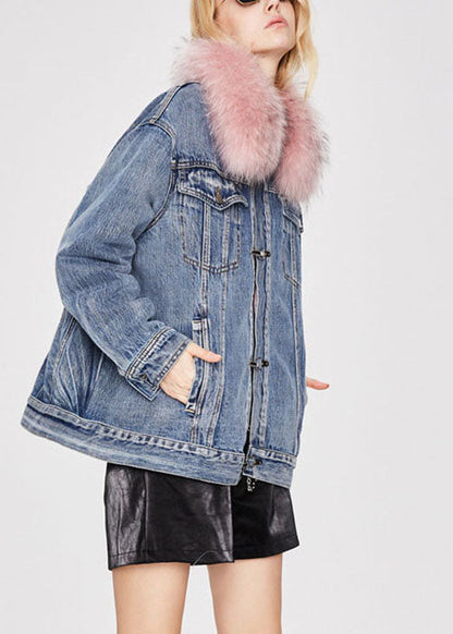 Denim Blue Pink Fur Collar Winter Duck Down Jacket