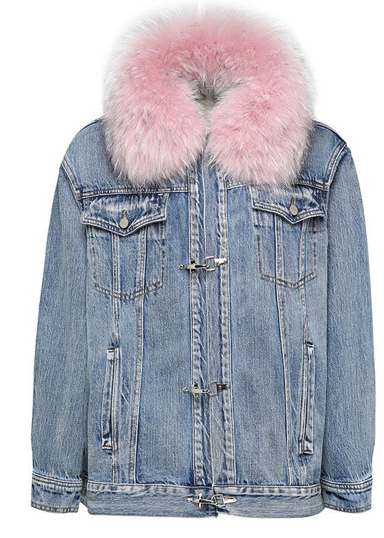 Denim Blue Pink Fur Collar Winter Duck Down Jacket
