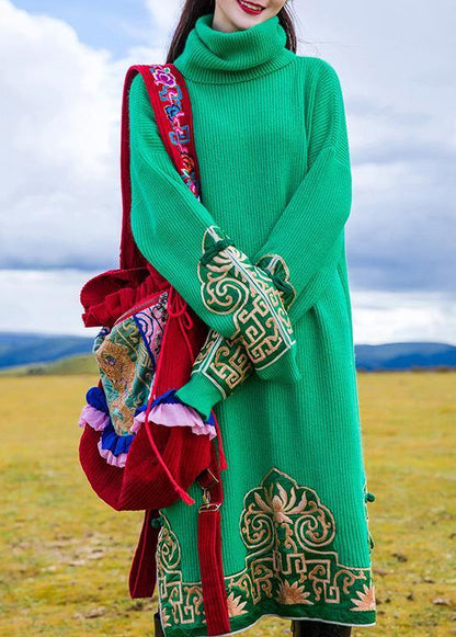 Embroidery Sweater High Neck Weather Green Oversized Knit Dresses