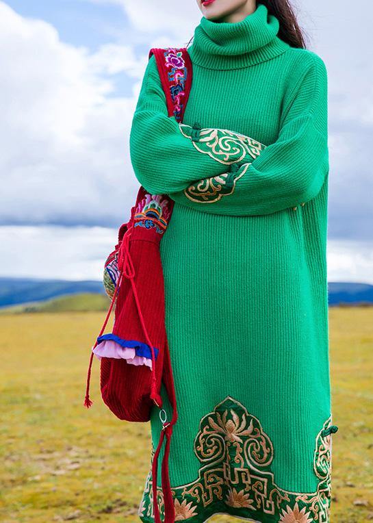 Embroidery Sweater High Neck Weather Green Oversized Knit Dresses