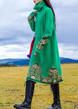 Embroidery Sweater High Neck Weather Green Oversized Knit Dresses