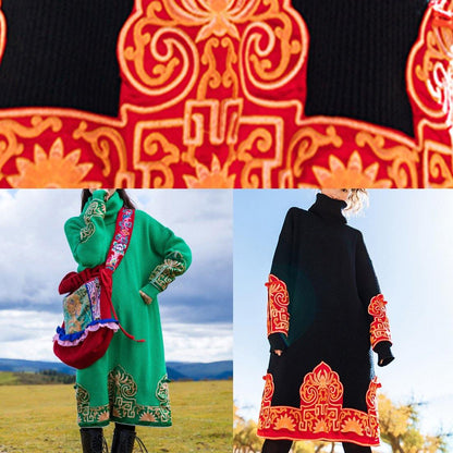 Embroidery Sweater High Neck Weather Green Oversized Knit Dresses