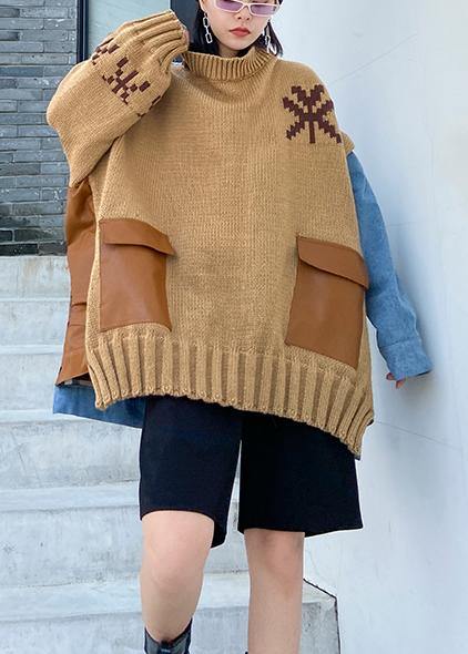 Fall Khaki Knit Tops O Neck Patchwork Sweater Tops