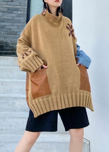 Fall Khaki Knit Tops O Neck Patchwork Sweater Tops