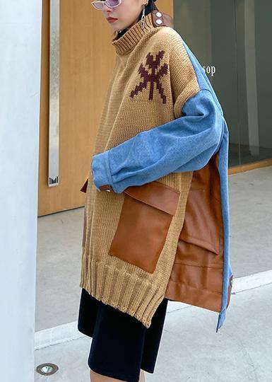 Fall Khaki Knit Tops O Neck Patchwork Sweater Tops