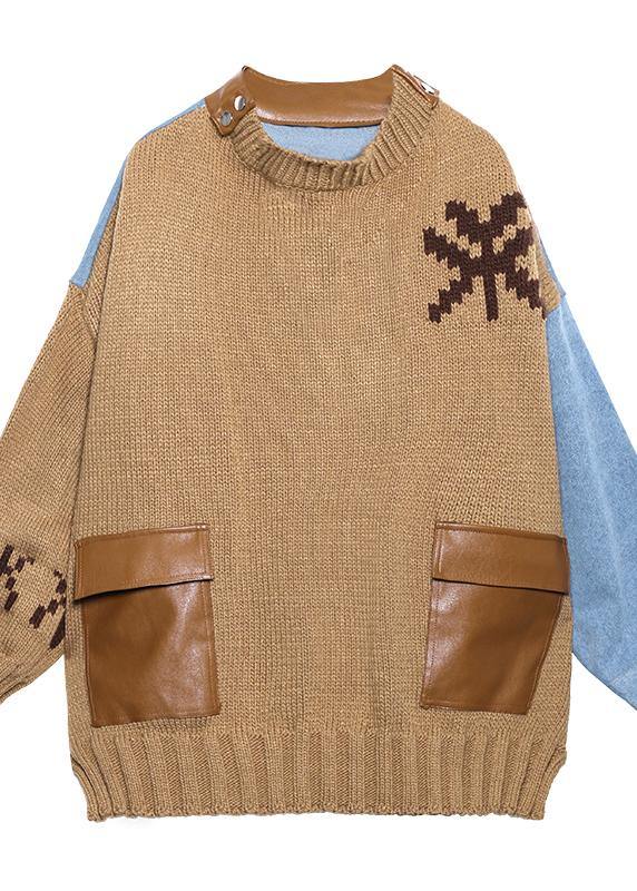 Fall Khaki Knit Tops O Neck Patchwork Sweater Tops