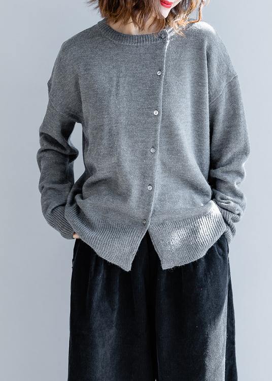 Gray Knitted Top O Neck Button Down Clothing Knit Sweat Tops