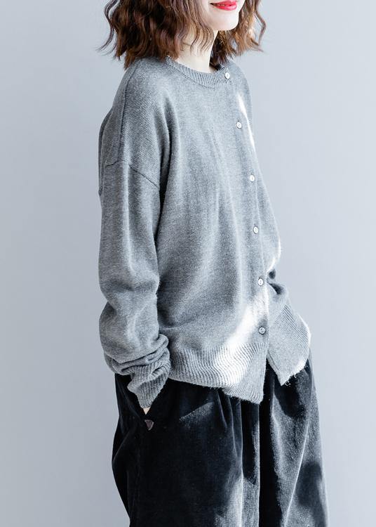 Gray Knitted Top O Neck Button Down Clothing Knit Sweat Tops