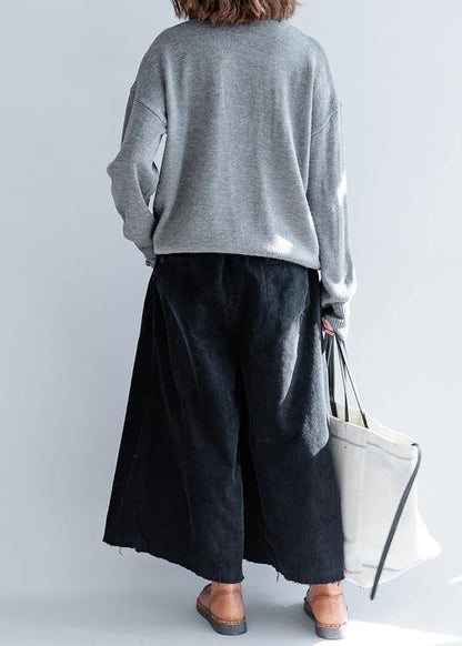 Gray Knitted Top O Neck Button Down Clothing Knit Sweat Tops