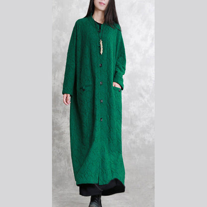 Green Maxi Coat Stand Pockets Cotton Linen Coat Long Sleeve Baggy Coat