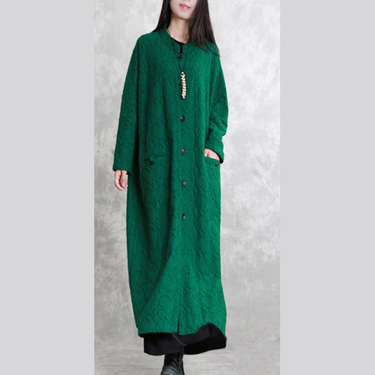 Green Maxi Coat Stand Pockets Cotton Linen Coat Long Sleeve Baggy Coat